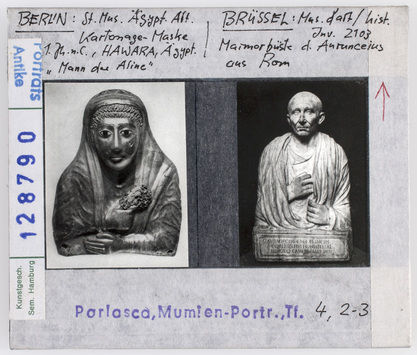 preview Mumienmaske, Kartonage aus Hawara "Mann der Aline", Berlin, Ägypt. Museum (links). Marmorbüste des Aurunceius, aus Rom, Brüssel, Musée d'Art hist. (rechts) Diasammlung